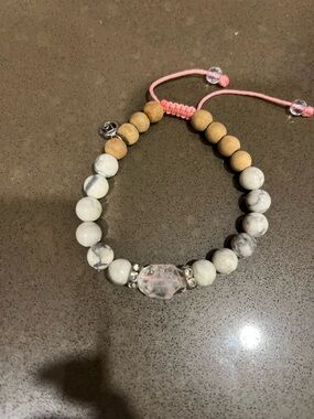 White Howlite and Wood Bead Adjustable Bracelet with Pink Cord